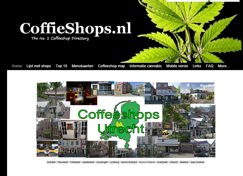 Screenshot van de homepage van CoffieShops.nl, de shops staan per provincie op de website