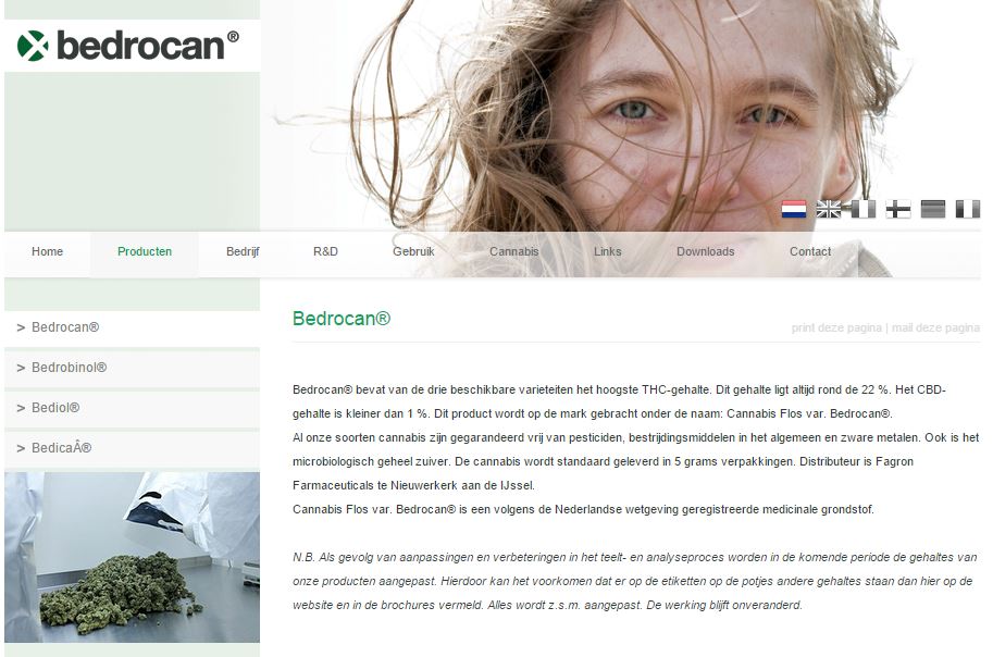 De website van Bedrocan. Het bedrijf wil uitgroeien tot een wereldwijde speler op het gebied van medicinale cannabis