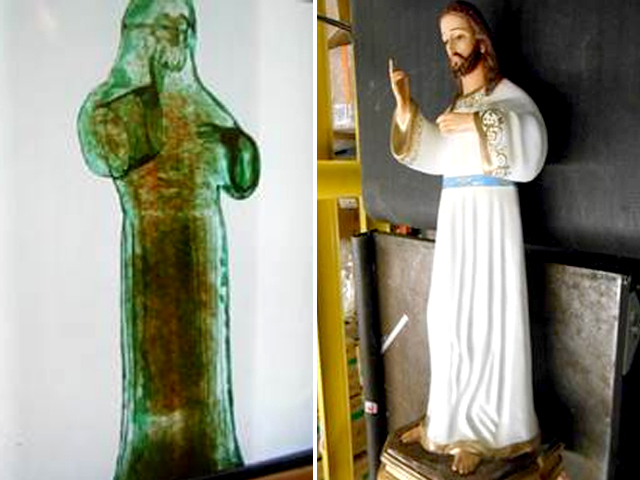 Twee keer de smokkel-Jezus in beeld: rechts zoals ie er voor normale stervelingen uitziet en links het röntgenbeeld 