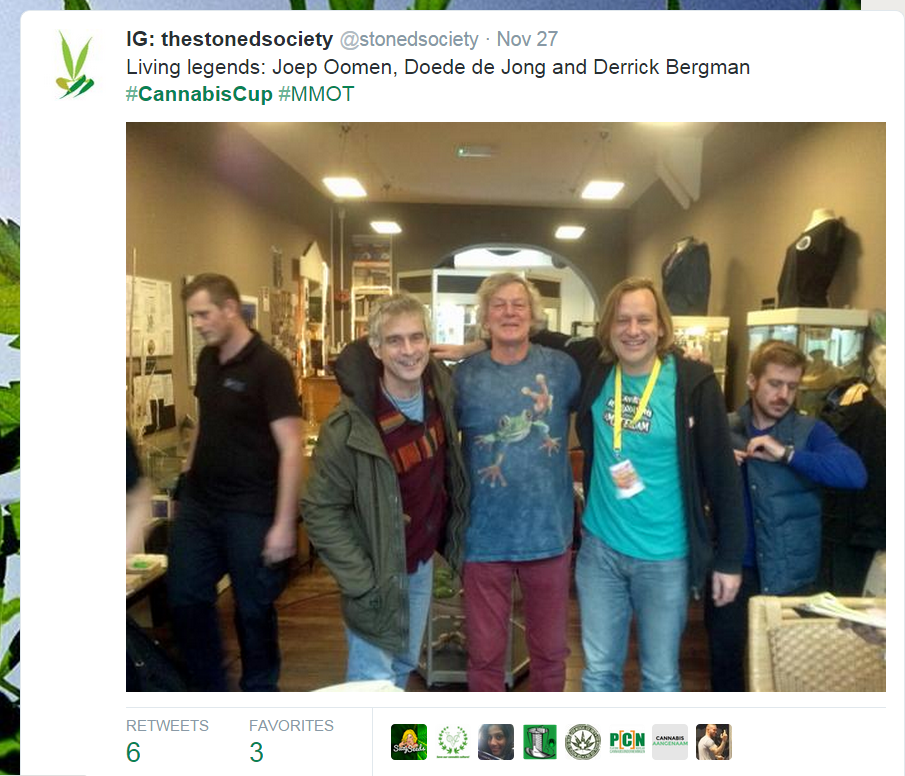 Tweet van The Stoned Society met in beeld Joep Oomen (Encod), Derrick en Doede