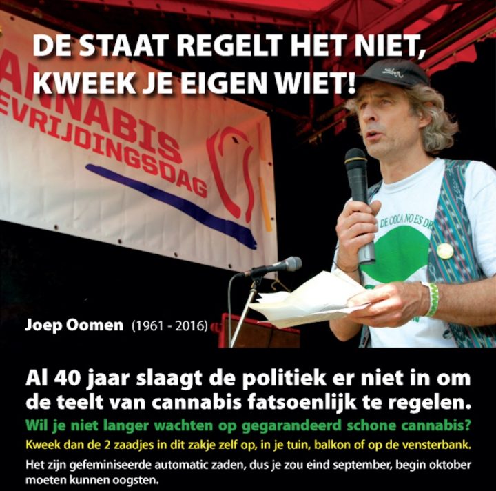 De flyer - ter ere van en met de veel te vroeg overleden Joep Oomen - die gepaard ging met de gratis zadenactie op CBD 2016