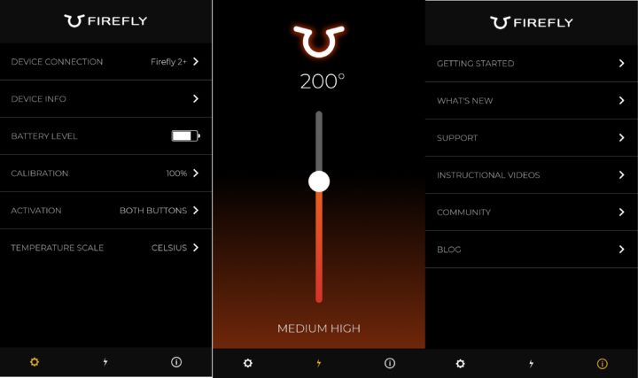 De drie hoofdschermen van de Firefly smartphone app.