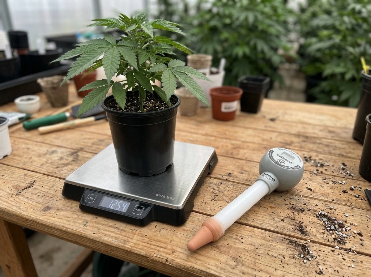 Wietplant water geven met tensiometer en weegschaal